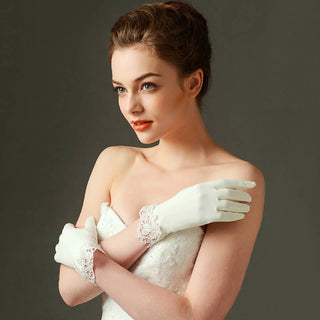 Matte Satin Bridal Wedding Ivory Gloves with Lace