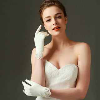 Matte Satin Bridal Wedding Ivory Gloves with Lace