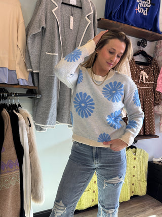 Frosted Blue Floral Sweater