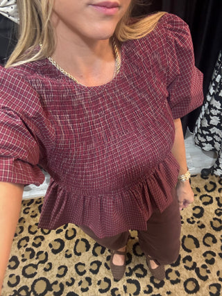Maggie Plaid Smocked Peplum Top