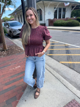Maggie Plaid Smocked Peplum Top