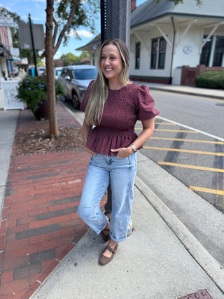 Maggie Plaid Smocked Peplum Top