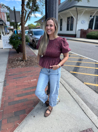 Maggie Plaid Smocked Peplum Top