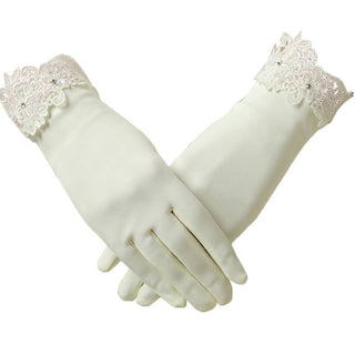 Matte Satin Bridal Wedding Ivory Gloves with Lace