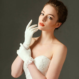 Matte Satin Bridal Wedding Ivory Gloves with Lace