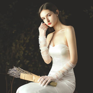 Long Tulle Nylon Sheer Wedding Gloves, White or Black