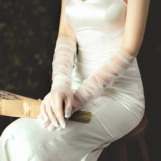 Long Tulle Nylon Sheer Wedding Gloves, White or Black