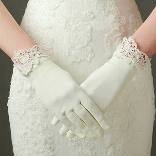 Matte Satin Bridal Wedding Ivory Gloves with Lace