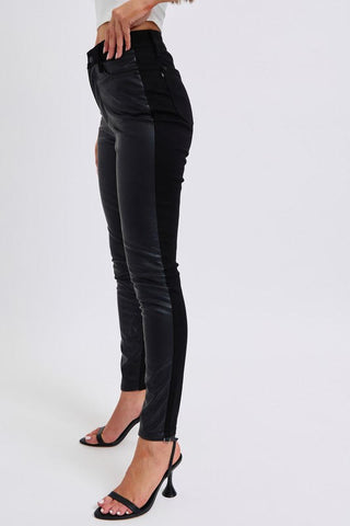 High Waist Faux Leather & Denim Mixed Skinny