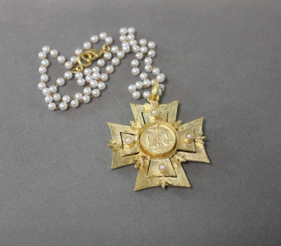 18k Gold Plated Maltese Cross w/Religious Medal and pearls