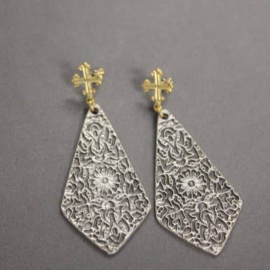18k Gold Plated Cross Earring with Antique Drop
