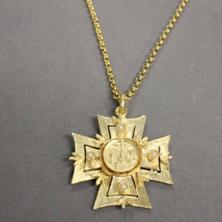 18k Gold Plated Maltese Cross w/Religious Medal and pearls