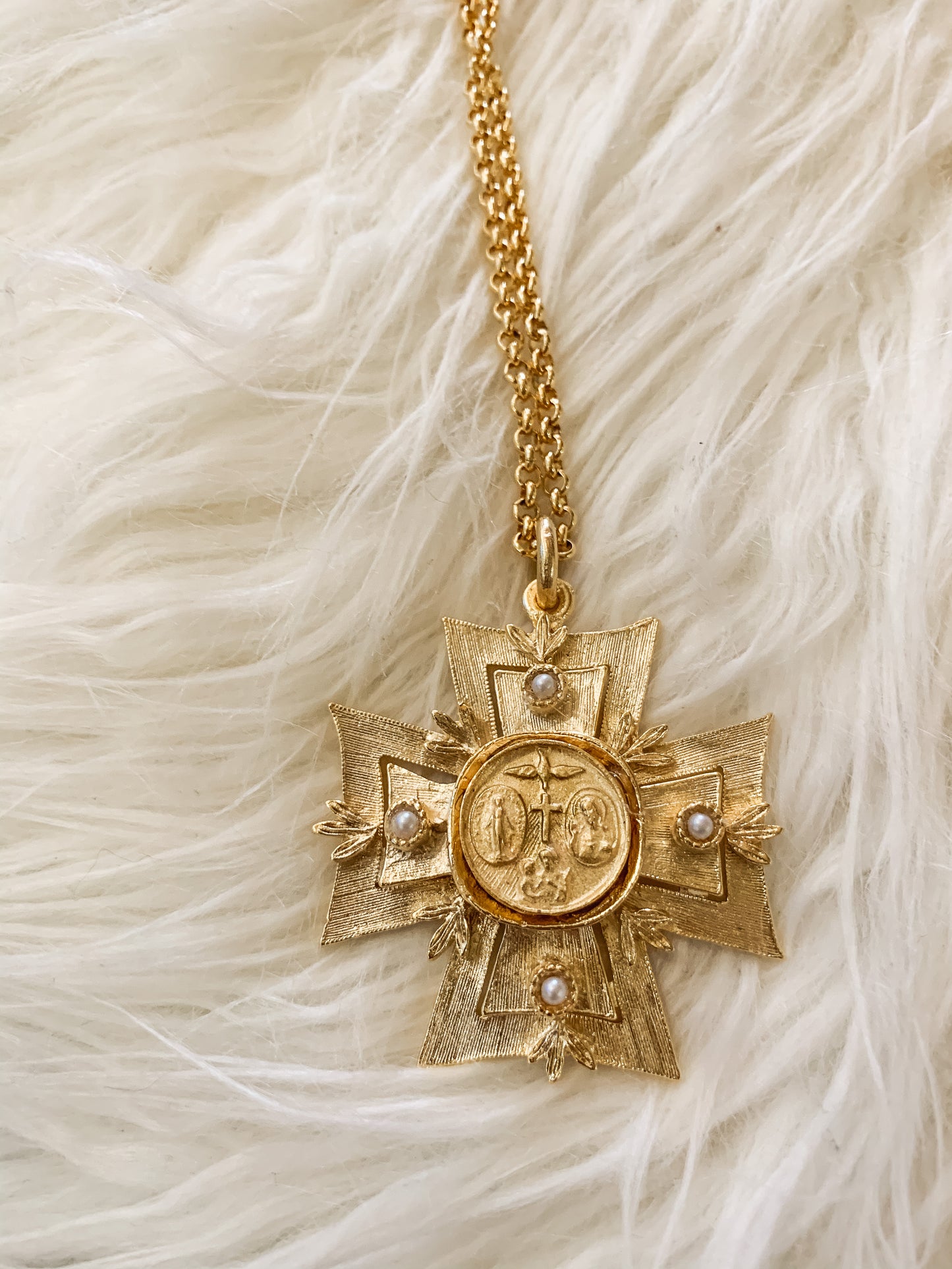 18k Gold Plated Maltese Cross w/Religious Medal and pearls