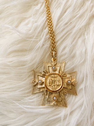 18k Gold Plated Maltese Cross w/Religious Medal and pearls