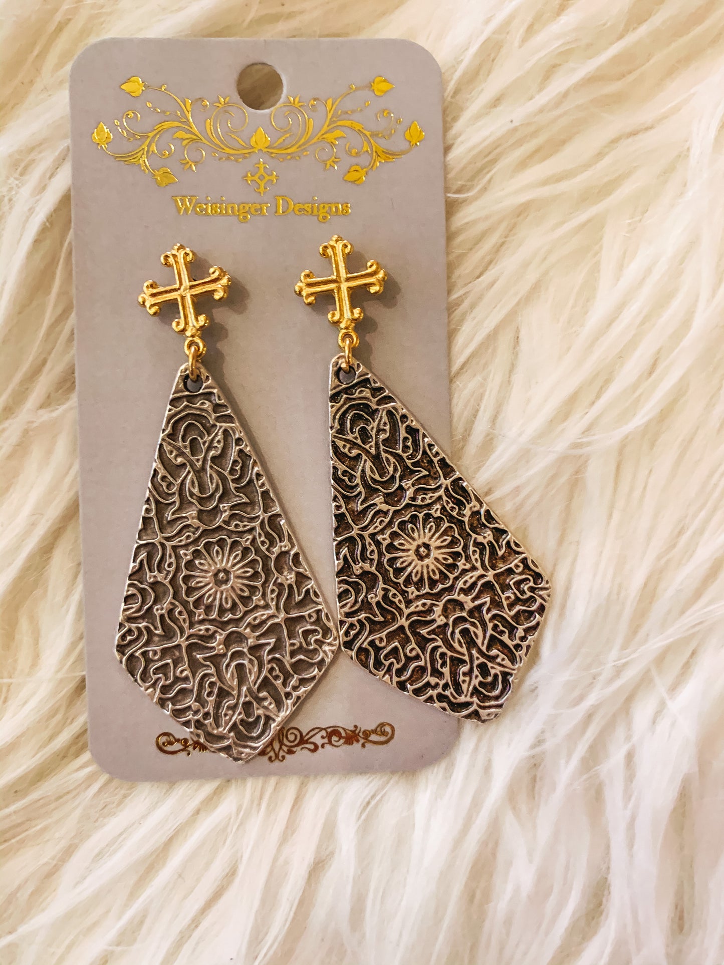 18k Gold Plated Cross Earring with Antique Drop